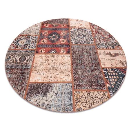 Tapis ANTIKA cercle ancien rouille, patchwork moderne, lavable - terre cuite