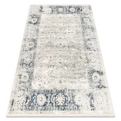 Tapis DISTIN 0843A blanc / bleu marine / bleu moderne - Ornement, cadre, vintage, franges