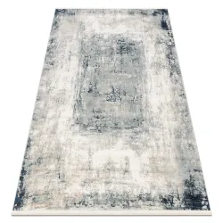 Tapis DISTIN 0845A blanc / bleu marine / bleu moderne - Abstraction, cadre, vintage, franges