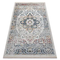 Tapis DISTIN 0834A bleu marine / bleu / jaune / terracotta moderne - Ornement, Vintage, Franges
