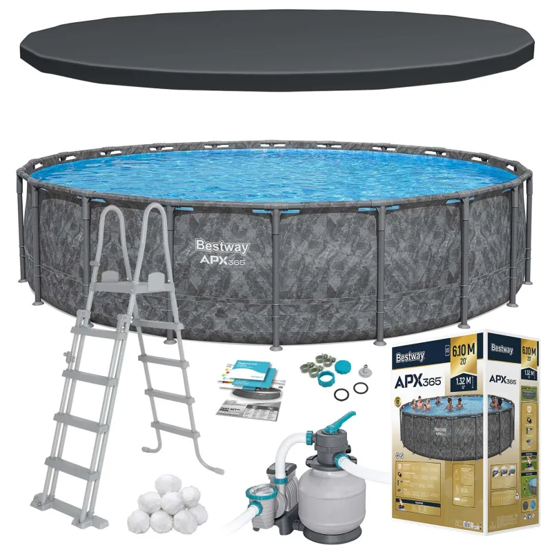 Piscine de jardin 610x132 cm 11 en 1, construction solide pour le plein air
