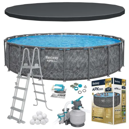 Piscine de jardin 610x132 cm 11 en 1, construction solide pour le plein air