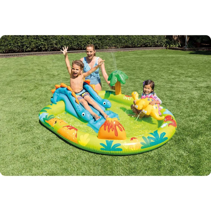 Aire de jeux aquatiques coloré avec un thème de dinosaure pour le plaisir en extérieur