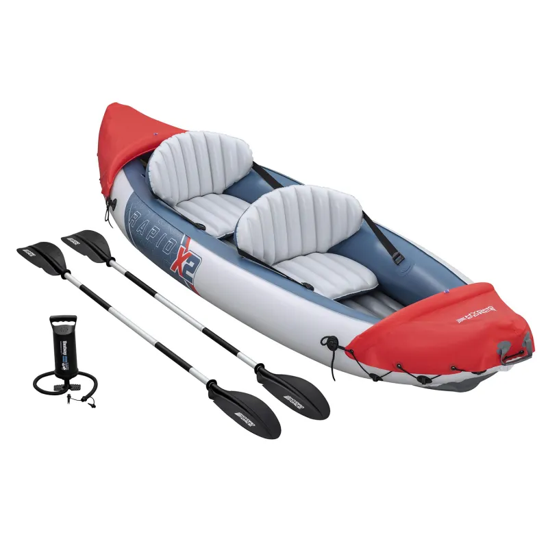Kayak gonflable pour une utilisation en rivière ou au lac, idéal pour les familles